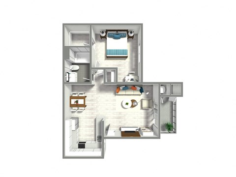 A 3D floor plan of a small apartment with a kitchen, living room, and bathroom.